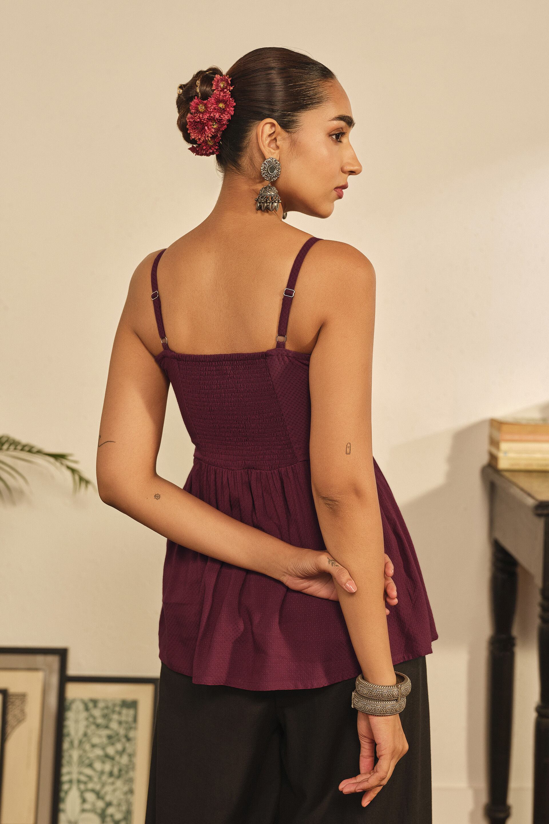 Embroidered Strappy Peplum Top in Wine, Wine, image 6
